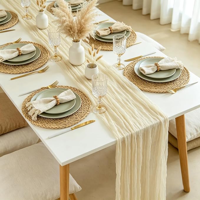 3 Pack Beige Cream Cheesecloth Table Runner 35x120 Inches, Summer Boho Cream - Image 2