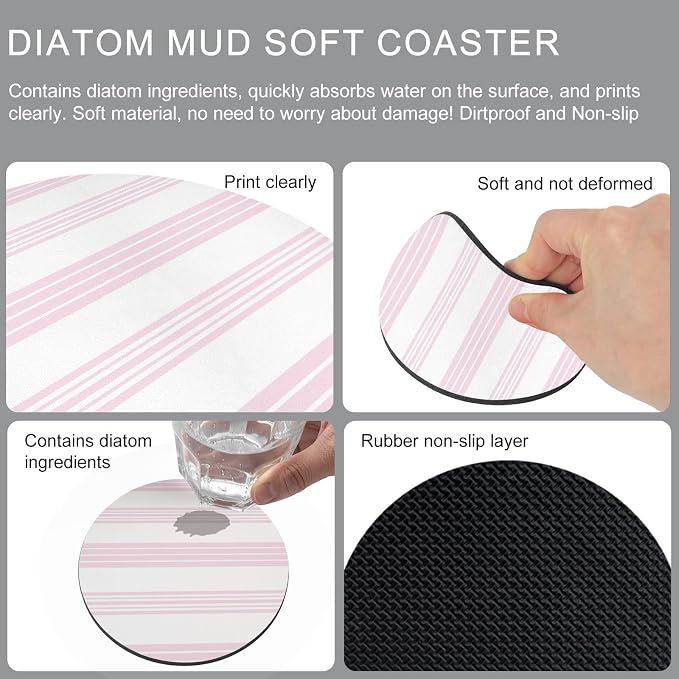 Pink Stripes Coasters Set of 6, Absorbent Coasters - Image 9