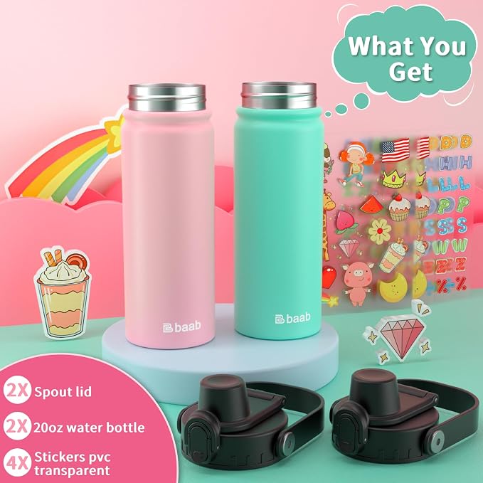 baab 20oz Kids Insulated Water Bottle 18/8 Stainless Steel Kids Cup 2 Pack | - Image 7