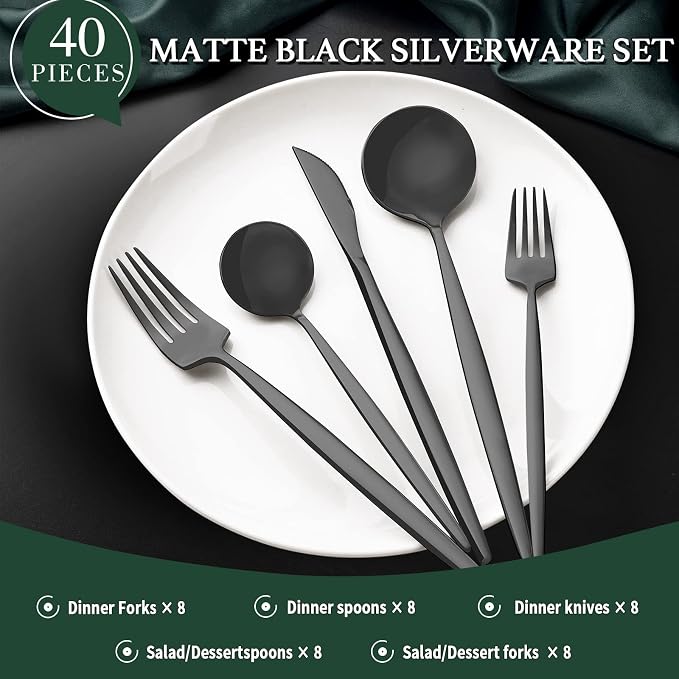 40-Piece Matte Black Silverware Set - Image 2