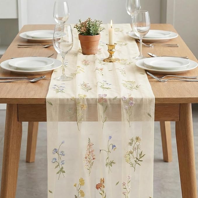 Artoid Mode 6PC Wildflower Floral Beige Apricot Gauze Embroidery Table Runner - Image 3