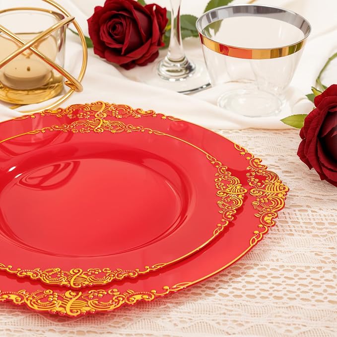 Nervure 100Pcs 10.25'' Red Plastic Plates, Heavy Duty Disposable Plates - Image 2