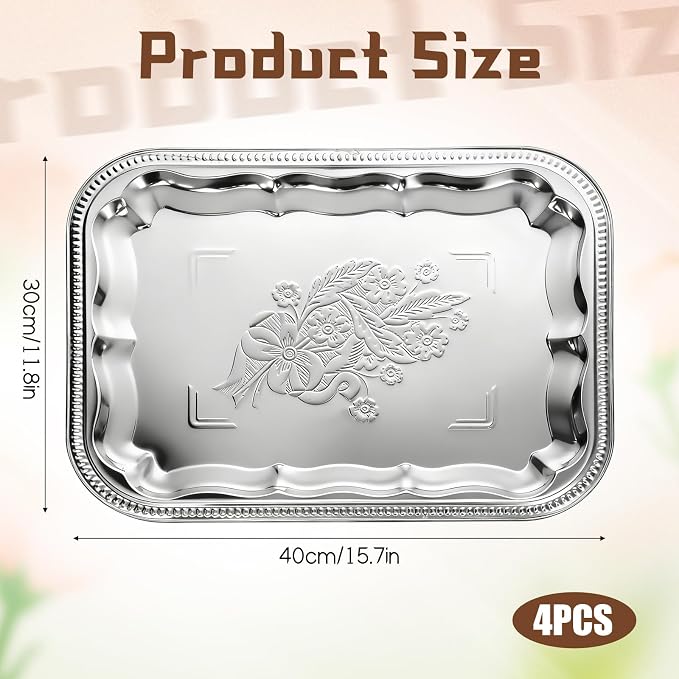 4 Pcs Large Silver Serving Trays, 15.7" x 11.8" Stainless Steel Rectangle - Image 2