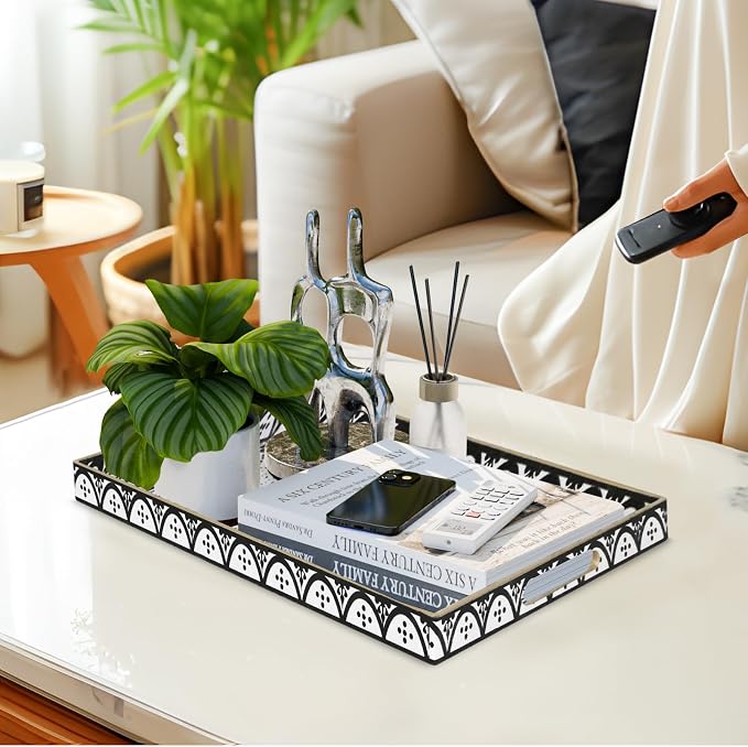 Plastic Serving Tray with Handles, Rectangle Black Decorative Tray | Coffee - Image 5