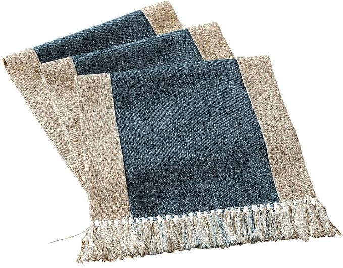 Farmhouse Rustic Faux Linen Dining Table Runner 15 x 94 Inch Blue | Boho Heavy by HomeyHo