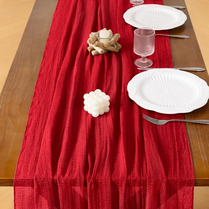 Cheesecloth Table Runner Summer Boho Wedding Shower Party Home Decor | Red 3pcs - Image 3