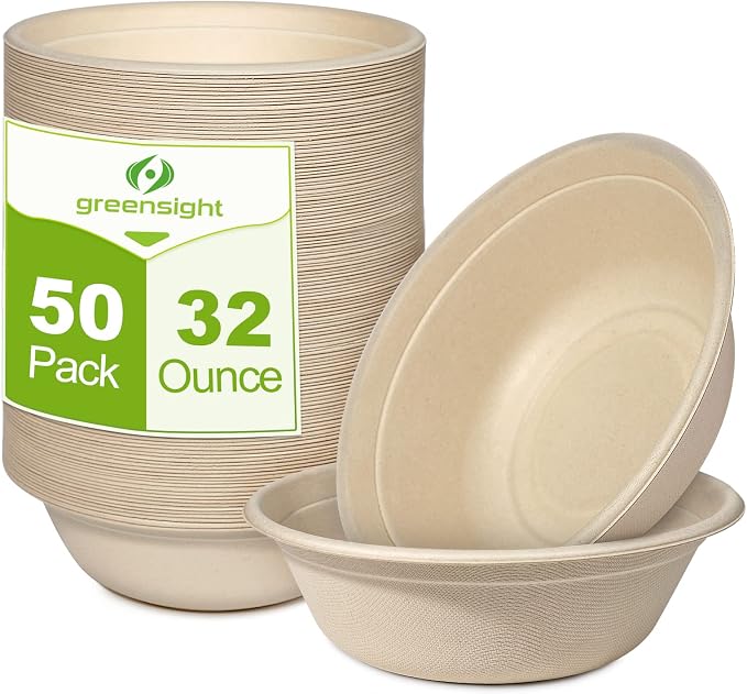 greensight 32oz Large Disposable Paper Bowls 50 Pack Heavy Duty Compostable | by greensight