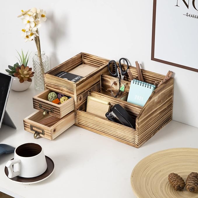 Distressed Rustic Wooden Office Desktop Drawers Organizer Wood Shelf Tabletop - Image 6