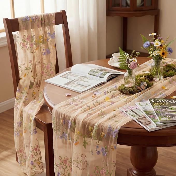 Champagne Floral Table Runner 10ft Embroidery Tulle Spring Wildflower Gauze - Image 6