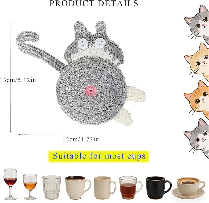 Coasters Set of 5, Fun Woven Creative Cat Coasters, Cute Coffee Coaster - Image 6