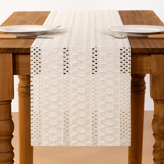 Ivory Boho Table Runner Farmhouse Macrame Woven Table Runner 12x90 Inch | Small - Image 3
