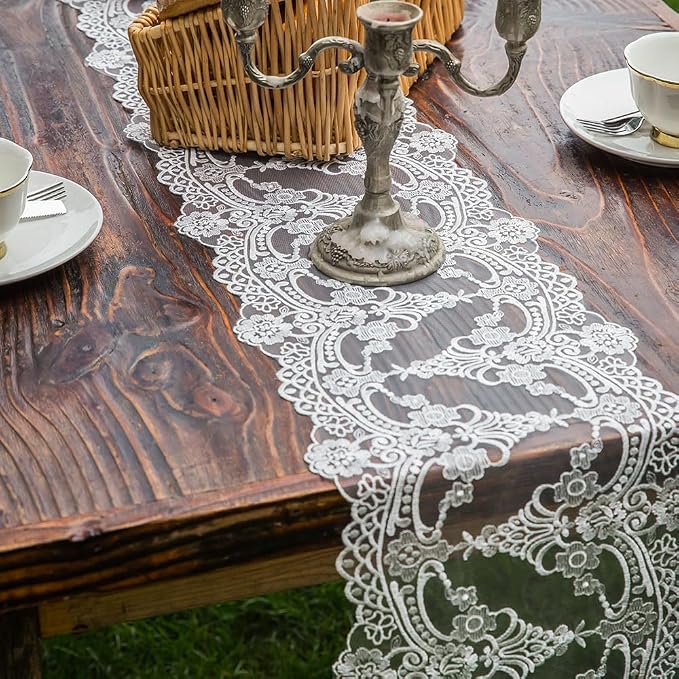 ARTABLE White Lace Table Runner Macrame Vintage Dresser Scarf 10 x 110 Inch | - Image 3