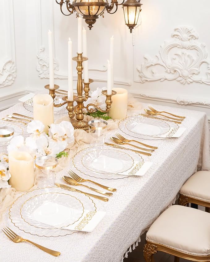 YOUBET 175PCS Clear and Gold Scalloped Plastic Plates - Image 3