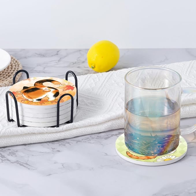 Ceramic Coasters Absorbent Non Slip 6pcs 4 Inch Coaster Lazy Cats | Drink - Image 7