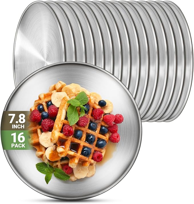 16 Stainless Steel Plates, 7.8 inch 304 Metal Camping Plate, Reusable Food by Offiper