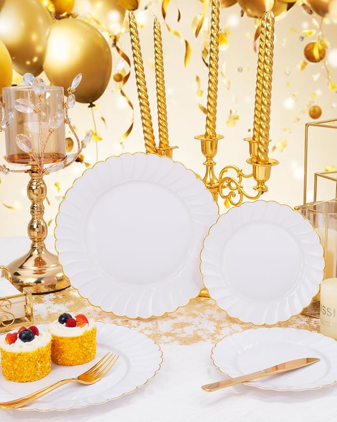 YOUBET 175PCS White and Gold Scalloped Plastic Plates - Image 5