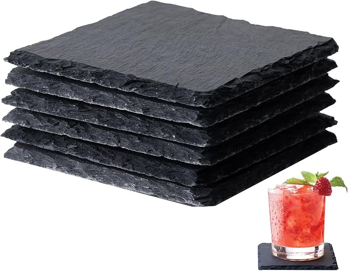 Slate Coasters Set of 6, 4 Inch Black Square Stone Coasters Bulk, Laser by Unknown