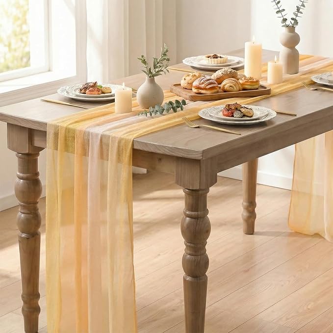 Artoid Mode Boho Yellow Stripes Spring Chiffon Table Runner 120 Inches 10FT - Image 5