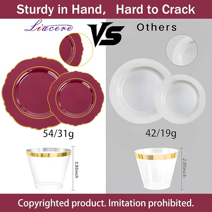 350PCS Red Plastic Plates-Disposable Burgundy Red and Gold Plates 50guest - Image 3