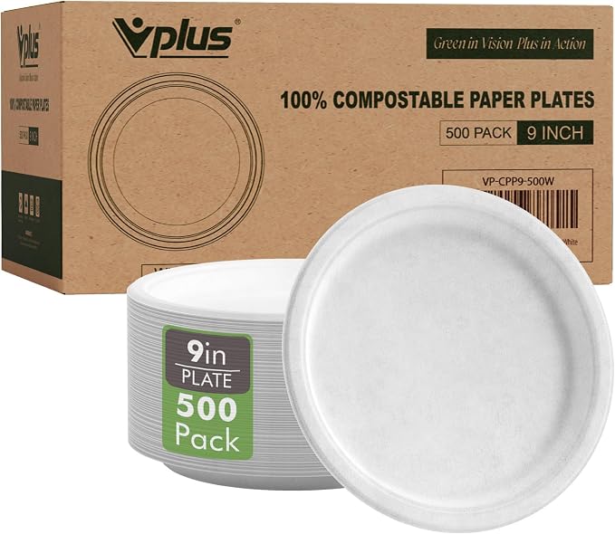 Vplus 500 Pack Compostable Bagasse Paper Plates 9 inch, 100% Bagasse, Natural by Vplus