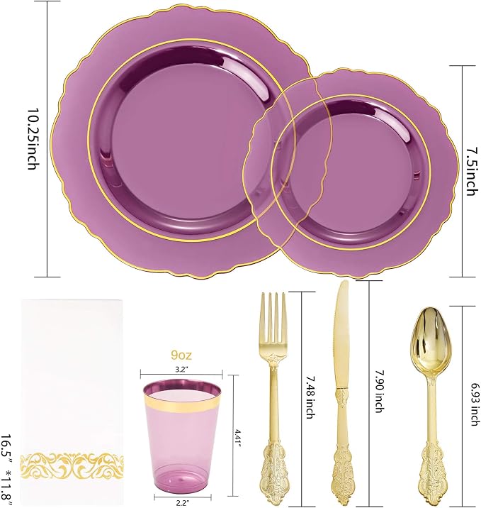 KIRE 210Pcs Purple Plastic Plates - Image 2
