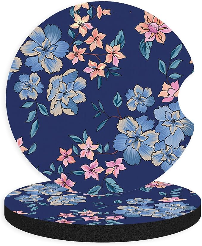 2pcs Cute Blue Flowers Car Coasters, Absorbent Universal neoprener Cup Holder by Unknown
