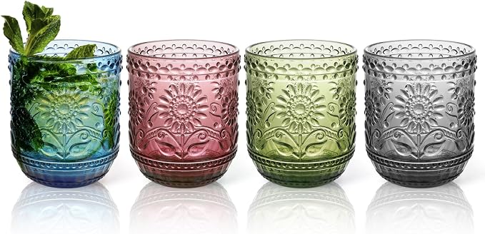 Topsky Vintage Drinking Glass Set of 4, 12 oz Embossed Floral Drinkware Set by HomeandKitchenNO1