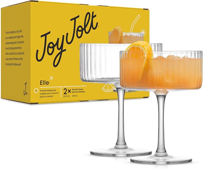 JoyJolt Elle Fluted 10oz Coupe Glass Set of 2, Unique Champagne Glasses by JoyJolt