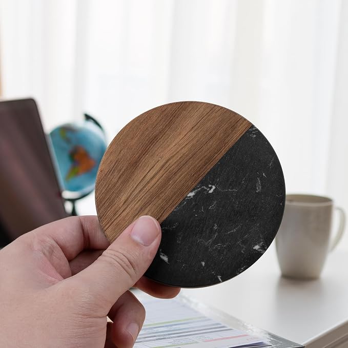 Marble Coasters: 4-Piece Set of Acacia Wood Marble Coasters, Suitable - Image 8