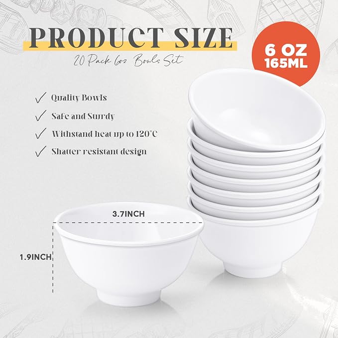 Tioncy 20 Pack 6 oz Bowls Set Dessert Bowls Unbreakable White Soup Bowls Salad - Image 2