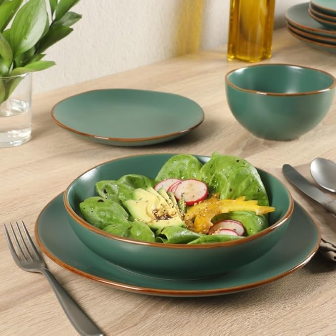 Gibson Home Hazeltine 16-Piece Green Stoneware Dinnerware Set – Plates and Bowls - Image 2