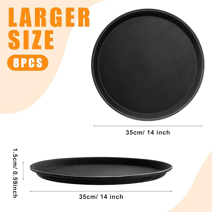 Zopeal 8 Pieces Black Round Restaurant Serving Tray, Plastic Non Slip Surface - Image 2