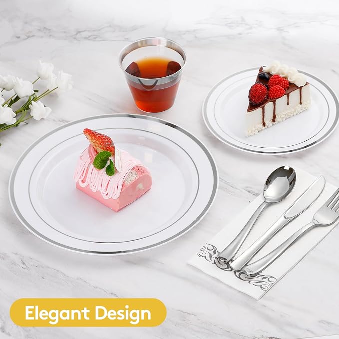 175 Pcs Silver Dinnerware Sets for 25 Guests, Disposable Plate Set | Plastic - Image 3