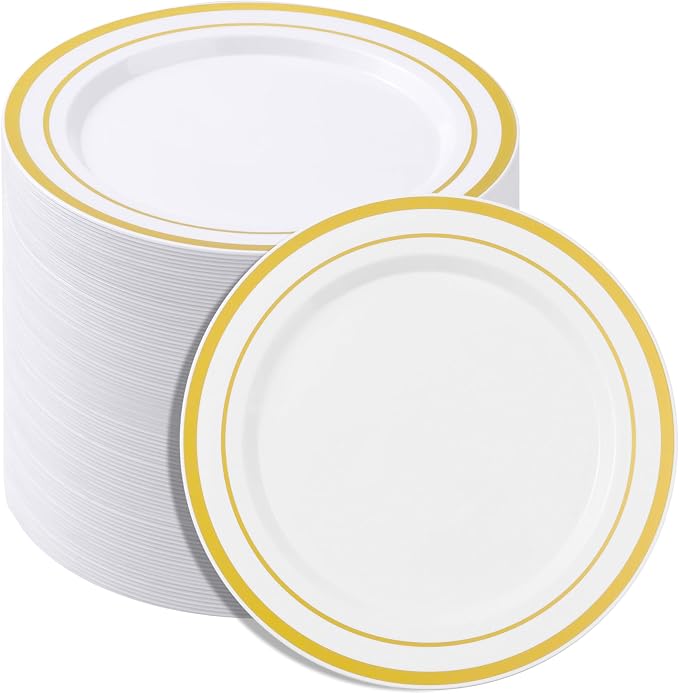 BESTSTAR 7 Inch White with Gold Rim Plastic Plates | 100PCS Disposable by BESTSTAR