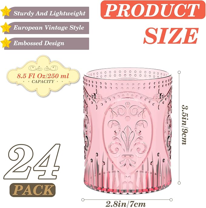 Qinyoung 24 Plastic Vintage Drinking Glasses 8.5oz Stemless Retro Embossed Wine - Image 3