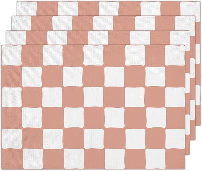 Pink and White Check Plaid Placemats Set of 4, Washable Heat Resistant by RLCNOT