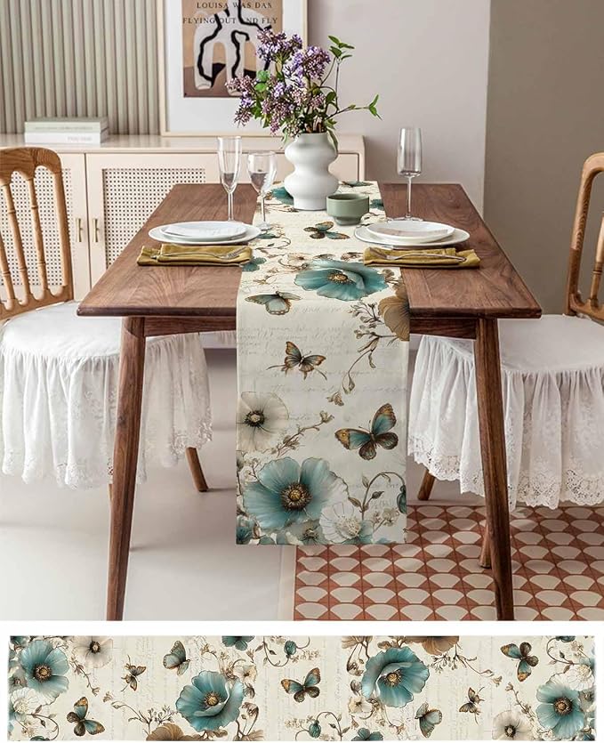Turquoise Tulip Table Runners 72 Inches Long, Spring Vintage Botanical Table - Image 6