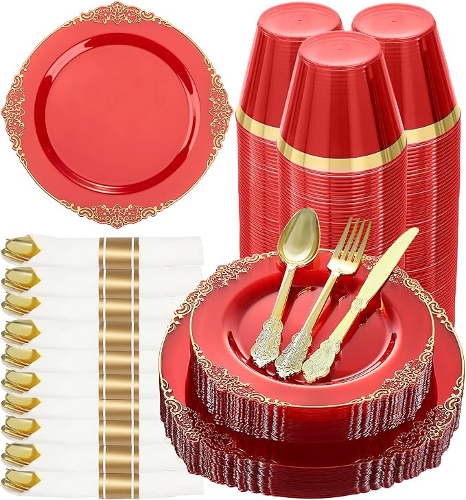 175 Piece Red Dinnerware Set for 25 Guests | Disposable Dinnerware Includes: 50 by GoodLuck