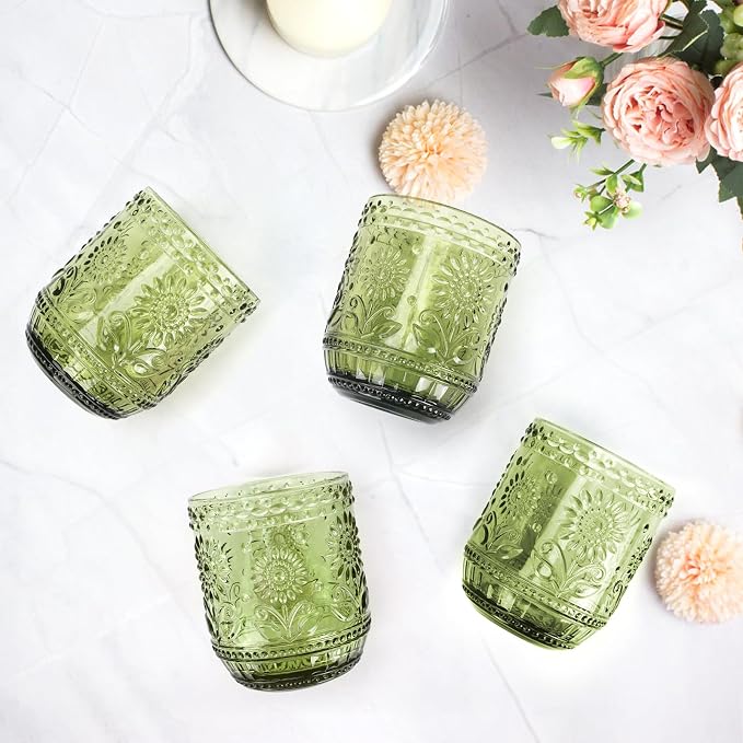 Topsky Vintage Drinking Glass Set of 4, 12 oz Embossed Floral Drinkware Set - Image 7