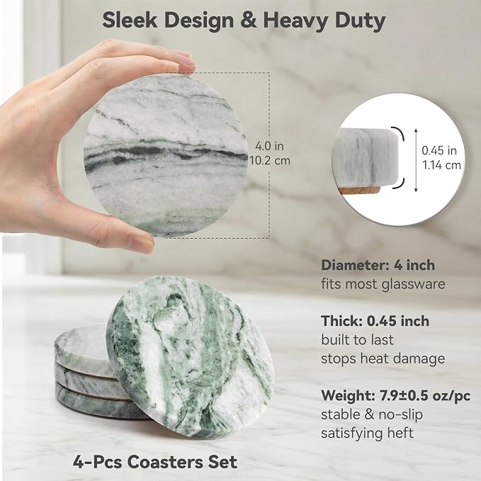 Sage Green Marble Coasters Set of 4, Elegant Green & White Coasters - Image 4