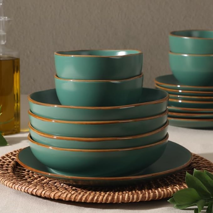 Gibson Home Hazeltine 16-Piece Green Stoneware Dinnerware Set – Plates and Bowls - Image 4
