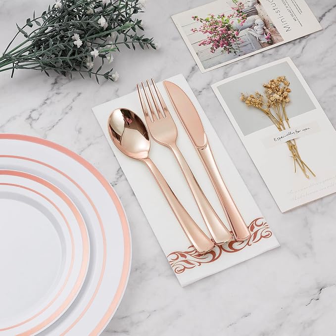 BESTVIP 175 PCS Rose Gold Disposable Plastic Dinnerware Set - Image 6