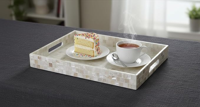 PEMAR Rectangular Mother of Pearl Serving Tray Nacre Wood Lap Ottoman Tray - Image 12