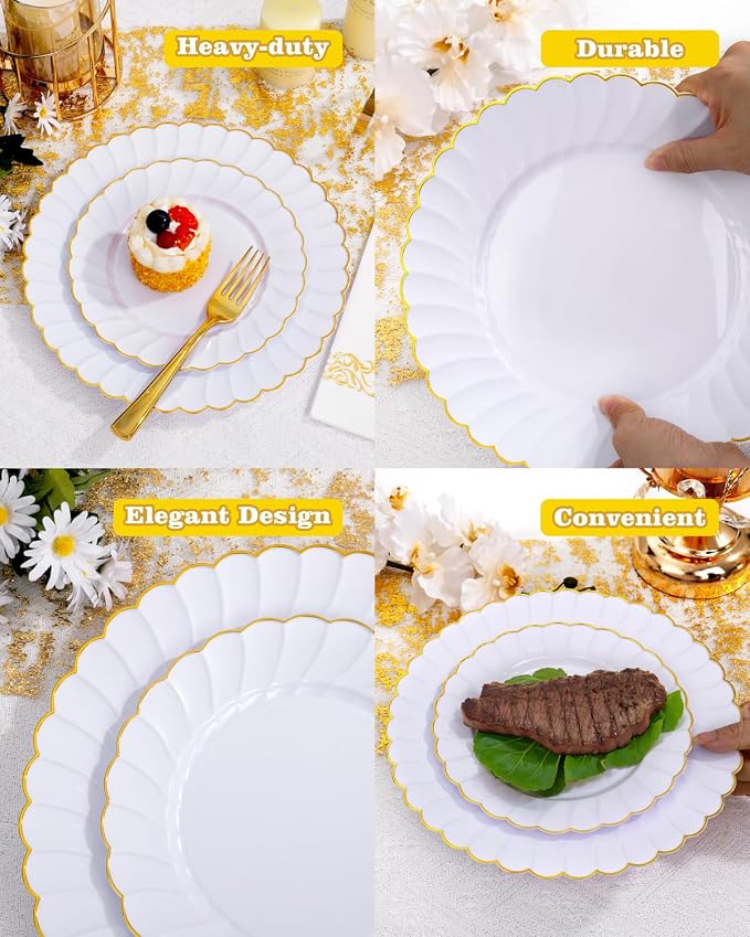 YOUBET 175PCS White and Gold Scalloped Plastic Plates - Image 8