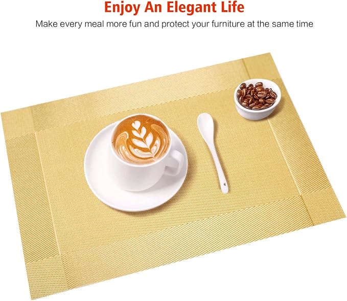 Placemats Set of 12, Vinyl Woven Gold Non Slip Table Mats | Heat Resistant - Image 6