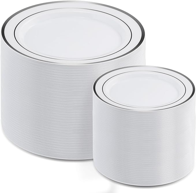 AOZITA 200Pcs Silver Plastic Plates, Disposable Plastic Party Plates by AOZITA