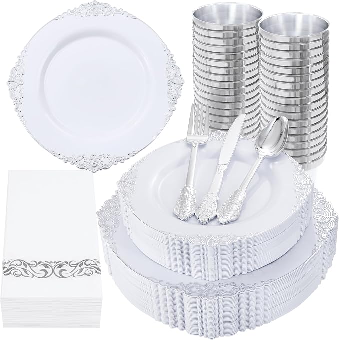 Nervure 350Pcs Silver Plastic Plates, Plastic Dinnerware Set by Nervure