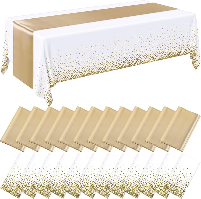 24 Packs White and Gold Disposable Plastic Tablecloths and Satin Table Runner by Breling