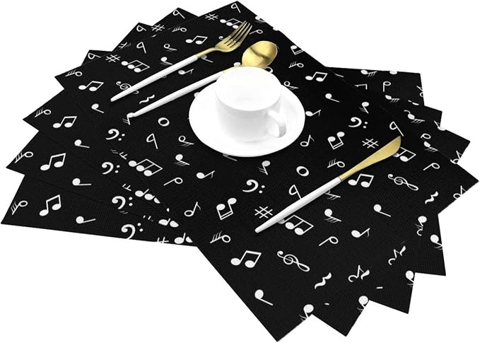 Music Notes Placemats Set of 4 Musicial Lover Dining Table Mats Washable Black - Image 3