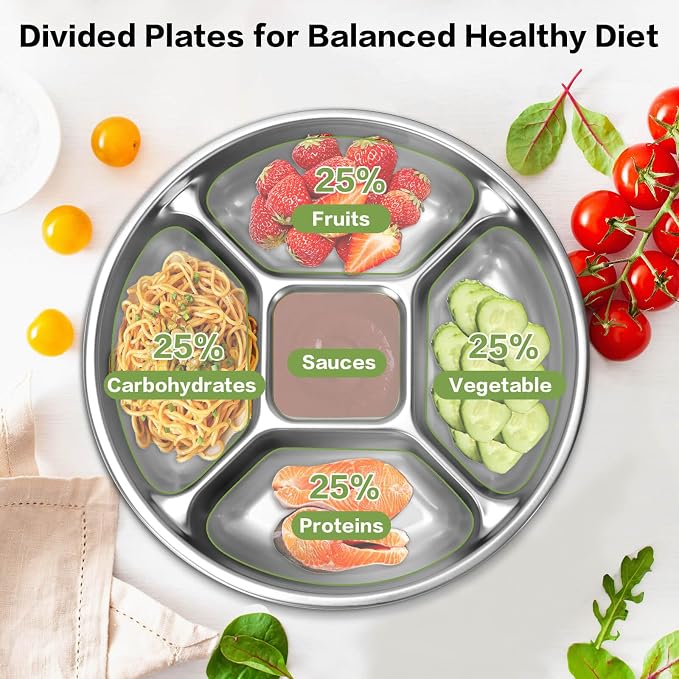 5 Compartments Stainless Steel Kids Plates | 8.8'' Round Metal Toddler Divided - Image 3